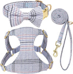 Beirui Cute Extra Small Dog Harness Collar and Leash Set with Bowtie, Soft Adjustable Plaid Puppy Harness for Small Sized Dogs Cats Walks Parties and Photoshoots(Blue,XS:Chest 13-18")