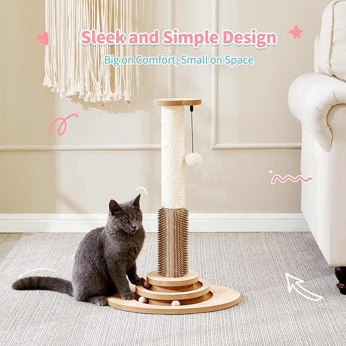 Made4Pets Cat Scratching Post, 23" Tall Sisal Cat Scratcher Post with Self Groomer, 4-in-1 Interactive Trackball Toys with Hair Brush, Vertical Cat Climbing Tree with Dangling Plush Balls
