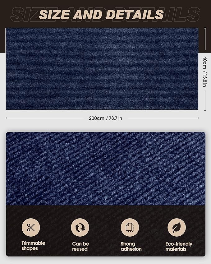 78.7"x15.8" Cat Scratch Mat,Trimmable Self-Adhesive Carpet,DIY Climb Cat Scratcher for Cat Couch Furniture or Wall Protector,Covering Cat Tower,and Replacement Pads (Dark Blue)
