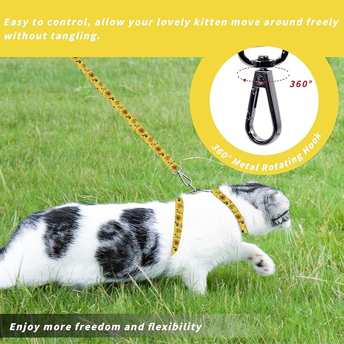 Cat Harness and Leash Set, Adjustable Kitten Harness Escape Proof Cats Harness, Soft Lightweight Walking Travel Pet Harness, Cute Kitty Harness Leash Set for Small Medium Cats, Yellow Sunflower