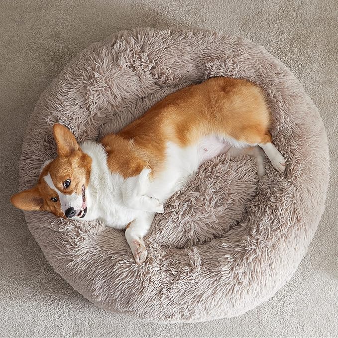 WNPETHOME Calming Dog Bed Cat Bed Donut, Faux Fur Pet Bed Self-Warming Donut Cuddler, Comfortable Round Plush Dog Beds (30 x 30 x 10 Inch, Brown)