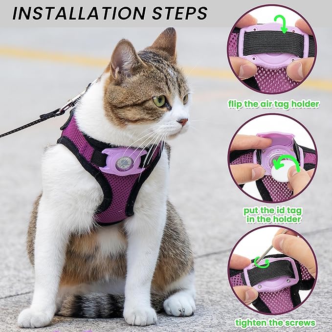 Dog Harness with Airtag Holder for Small Dogs, Puppy, Cats - No Pull Step in Small Dog Harness and Reflective Dog Leash Set for Walking Training Travel Grooming Outdoor