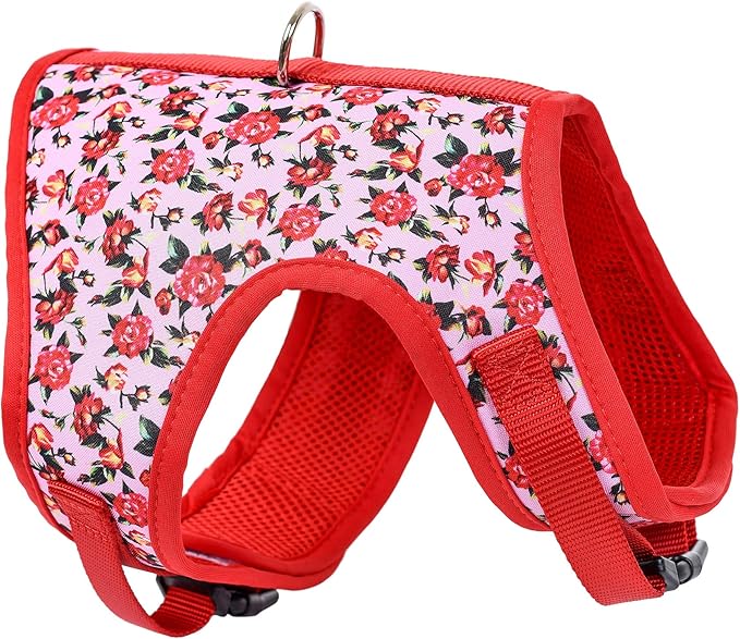 Mile High Life Velcro Dog Harness, Air Mesh Floral Vest Harness for 20 lbs Small Dogs & Cats, Easy Get on Adjustable Easy Closures Both Neck and Chest(Peony Rose, M Chest 18"-20")