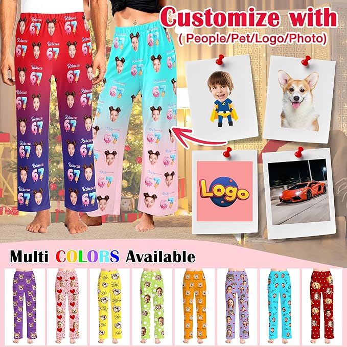 Custom Pajama Pants for Women Men, Personalized 67 Name Photo PJ Family Six Seven Matching Sleep Bottoms Birthday Xmas Gifts