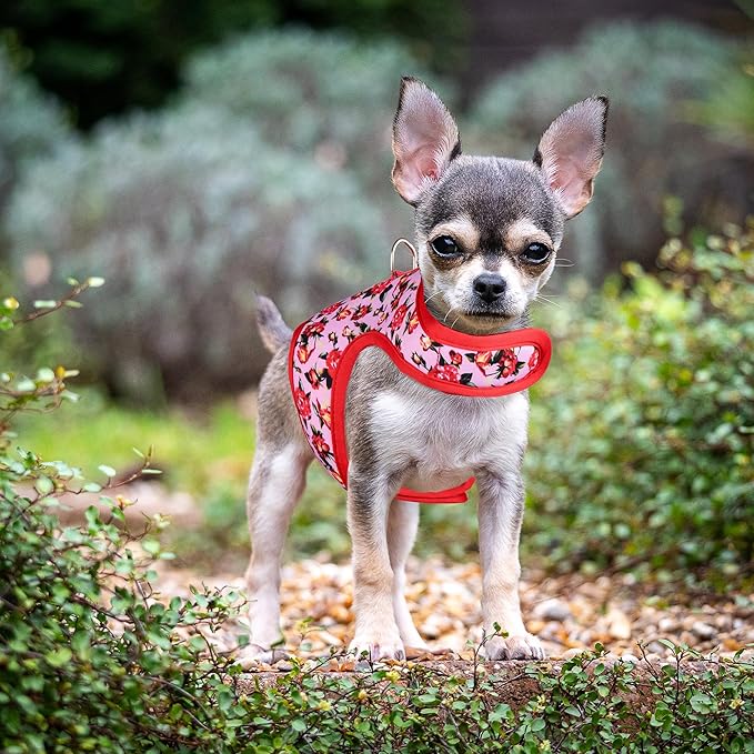 Mile High Life Velcro Dog Harness, Air Mesh Floral Vest Harness for 20 lbs Small Dogs & Cats, Easy Get on Adjustable Easy Closures Both Neck and Chest(Peony Rose, S Chest 16"-18")