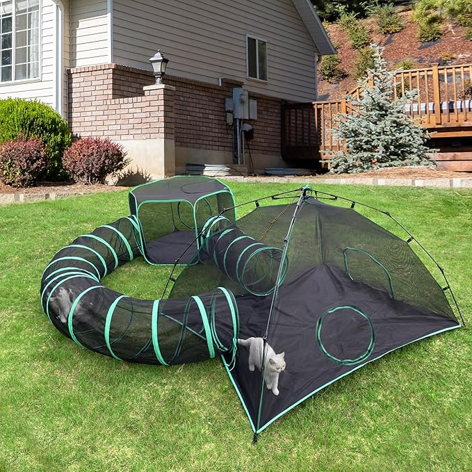 Cat Tents for Outside, Green Outdoor Cat Enclosures, Foldable Pet Playpen with Tunnels for Outside, Portable 4-in-1 Catio Including 2 Tents and 2 Tunnels