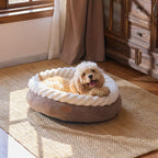 FUKUMARU Dog Bed, Calming Donut Dog Beds, Plush Faux Fur&Corduroy Cat Beds, Cute Round Washable Pet Bed for Large Cats and Small Dogs, Cat Cave with Anti-Slip Bottom, 25inch, Camel