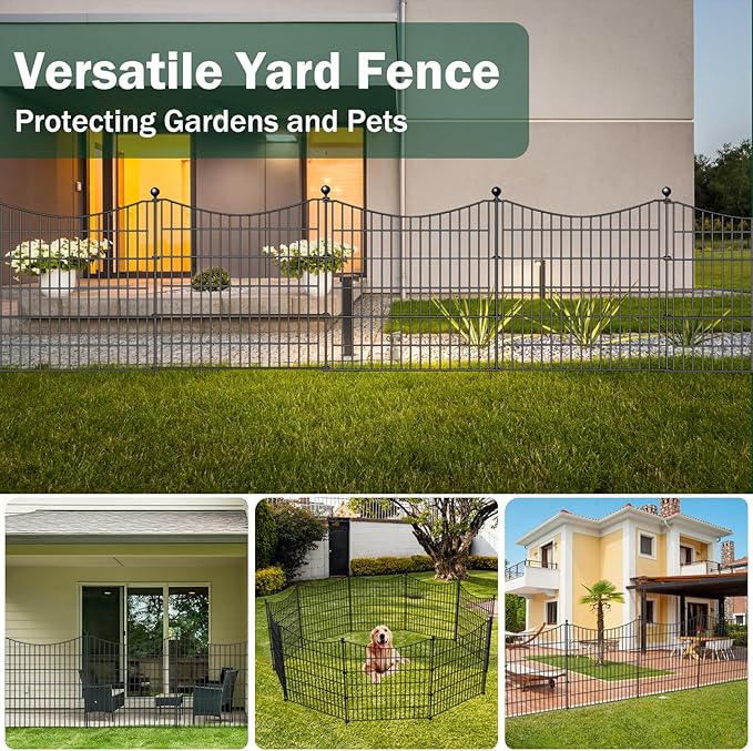 10 Panels Decorative Garden Fence with Gate, 40 in(H) X 23.6 ft(L) No Dig Dog Fence Animal Barrier Outdoor for Yard, Rustproof Metal Garden Edging and Borders, Temporary Fencing Stakes
