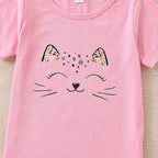 4-8T Toddler Girl Clothes Cat face print Short Sleeve Top+Pants Outfits Girl Spring and summer 2-Piece Set