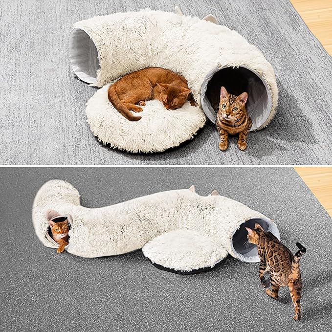 Cat Tunnel with Cat Bed for Indoor Cats, Soft Plush Peekaboo Cat Cave Donut Tunnel, Multifunctional Playground Toys Hideplace for Small Medium Large Kittens, Rabbit, Ferret (Cream White)