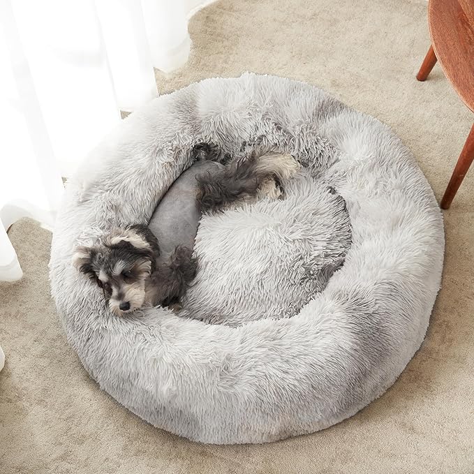 WESTERN HOME WH Calming Dog & Cat Bed, Anti-Anxiety Donut Cuddler Warming Cozy Soft Round Bed, Fluffy Faux Fur Plush Cushion Bed for Small Medium Dogs and Cats (20"/24"/27"/30"), White Grey