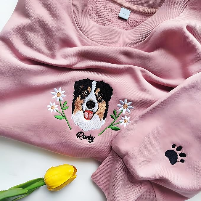 Personalized Dog Face Embroidered Sweatshirt Custom Pet Portrait From Photo Floral Stitch Design Unisex Crewneck Pullover Thoughtful Gift For Dog Lovers Pet Parents