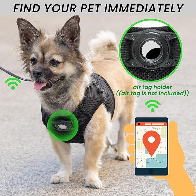 Dog Harness with Airtag Holder for Small Dogs, Puppy, Cats - No Pull Step in Small Dog Harness and Reflective Dog Leash Set for Walking Training Travel Grooming Outdoor