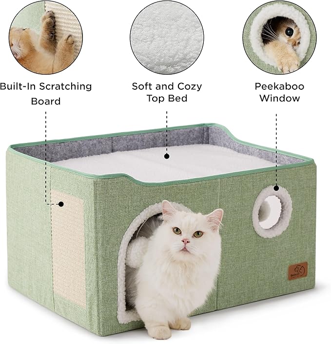 Bedsure Large Cat Beds for Indoor Cats - Extra Wide Cat Cube House for Small Pet with Fluffy Ball Hanging and Scratch Pad, Foldable Pet Cave Hideaway for Multiple Cats, 23.6x16.9x13 inches, Green