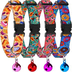4PCS Breakaway Cat Collars with Bell - Cute Soft Adjustable Safety Kitten Collars 4-Pack - Nylon Pet Collars Nature Tribal Striped Floral Space Aztec Flowers Print (Travel & Cookies)