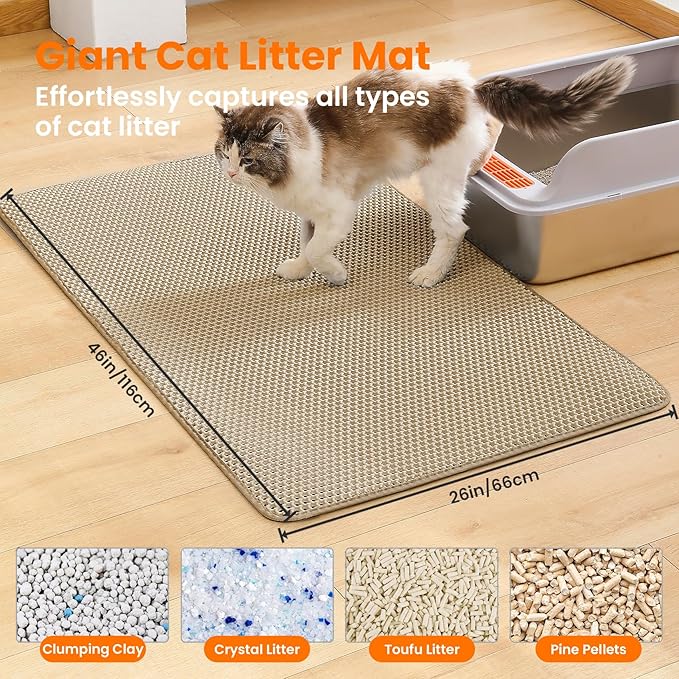 Jumbo Cat Litter Mat, 46x26 Inches Double Layer Honeycomb Litter Trapping Mat, Non Slip Waterproof Urine Proof Extra Large Cat Litter Box Mat, Kitten Supplies and Essentials, XXL, Beige
