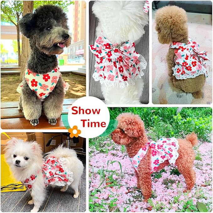 Dog Harness Dress Leash Set for Small Dog Summer Clothes Girl Female Puppy Cats Outfits Cute Floral Bowknot Princess Birthday Dress for Extra Small Pet Doggie Kitten Outfits Apparel(Red,L)
