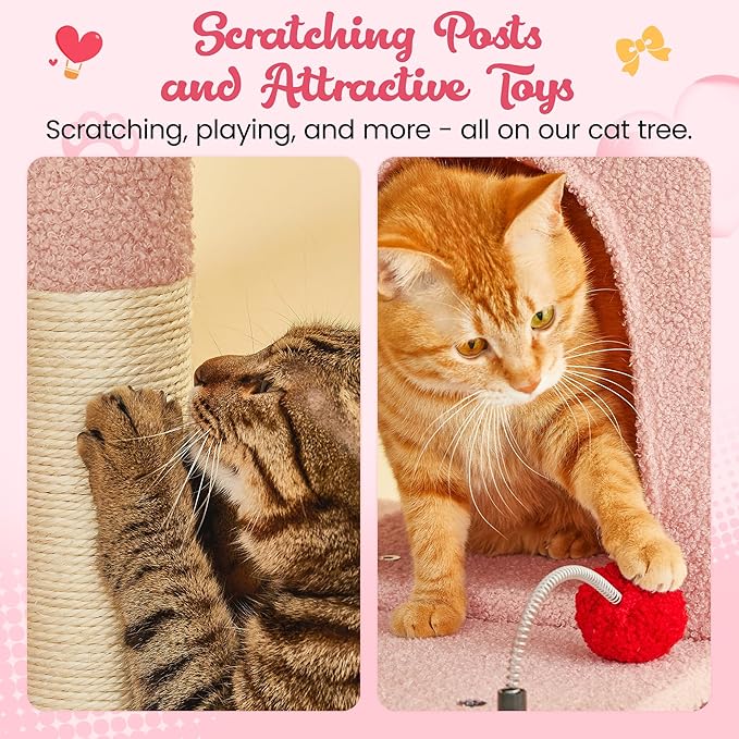 MWPO Cute Cat Tree, 70.1-Inch Tall Pink Cat Tower for Indoor Cats Large Adult, Multi-Level Cat Condo with 5 Scratching Posts, 2 Padded Perches, Hammock, Dangling Toys