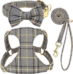 Beirui Cute Small Dog Harness Collar and Leash Set with Bowtie, Soft Adjustable Plaid Puppy Harness for Small Sized Dogs Cats Walks Parties and Photoshoots(Gray,S:Chest 17-23")