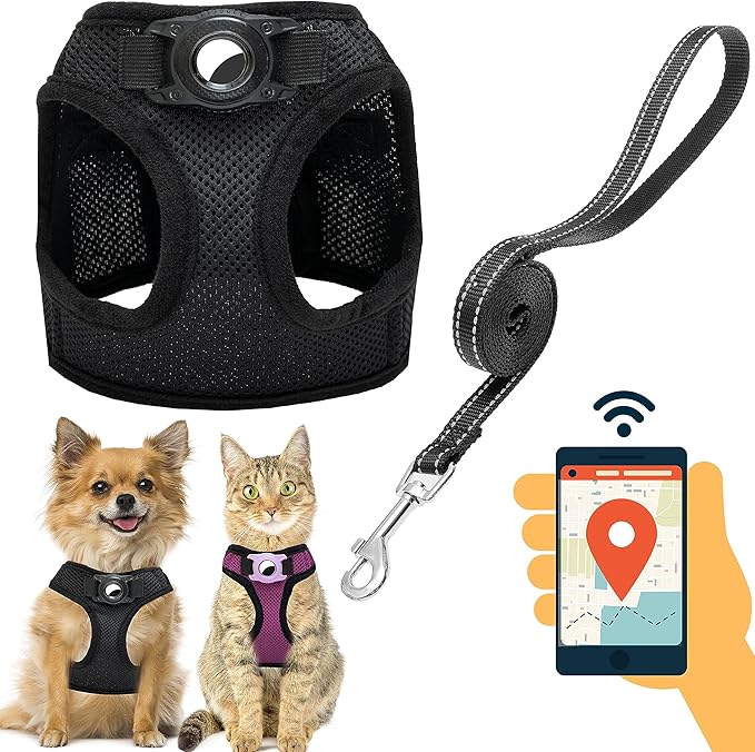 Dog Harness with Airtag Holder for Small Dogs, Puppy, Cats - No Pull Step in Small Dog Harness and Reflective Dog Leash Set for Walking Training Travel Grooming Outdoor