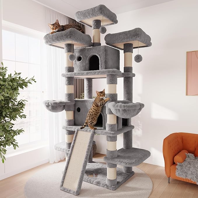 SHA CERLIN 81 Inches Extra Large Cat Tree for Indoor Adult Cats/XXL Big Cat Tower with Condo/Cozy Perches/Sisal Scratching Posts and Hammocks/Activity Center/F80/Heavy Duty/Grey