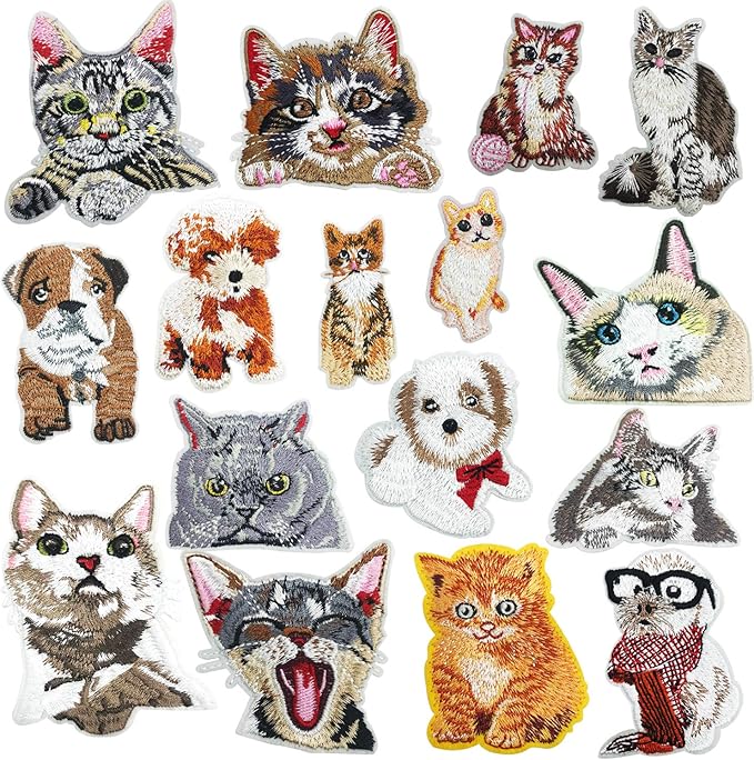 Woohome 16 PCS Cat and Dog Iron On Patches Assorted Cute Kitten Mini Cats Sew On Patches DIY Decoration or Repair, Embroidered Appliques for Clothing Backpacks Jeans T-Shirt Caps Shoes