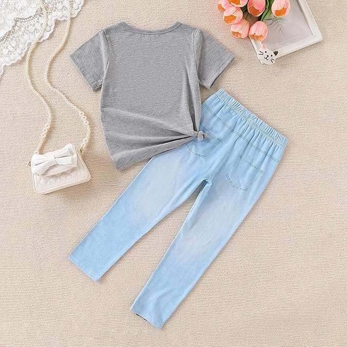 4-8T Toddler Girl Clothes Cat face print Short Sleeve Top+Pants Outfits Girl Spring and summer 2-Piece Set