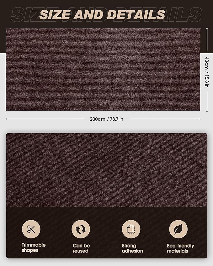 78.7"x15.8" Cat Scratch Mat,Trimmable Self-Adhesive Carpet,DIY Climb Cat Scratcher for Cat Couch Furniture or Wall Protector,Covering Cat Tower,and Replacement Pads (Brown)