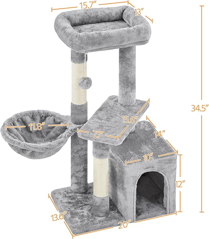Yaheetech 34.5in Scratching Post, Cat Scratchers for Indoor Cats and Kittens, Multifunctional Activity Post w/Sisal Rope＆Dangling Ball＆Large Condo, Light Gray