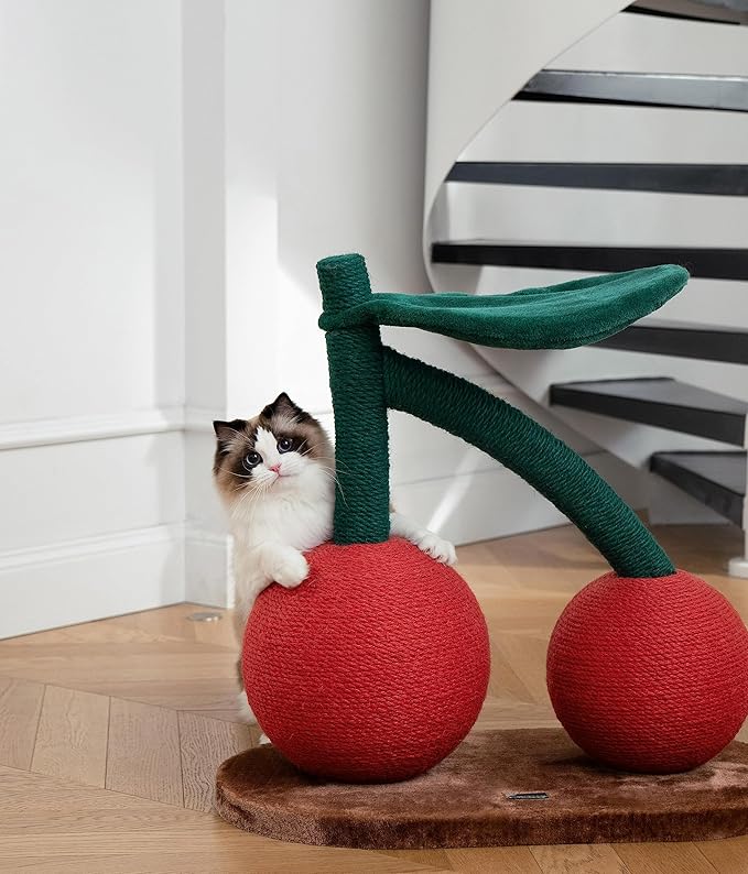 VETRESKA Cat Scratching Post, Large Cherry Cat Scratcher with Hammock, Tall Cat Scratch Interactive Toy with Natural Jute Rope for Indoor Cats, Kittens