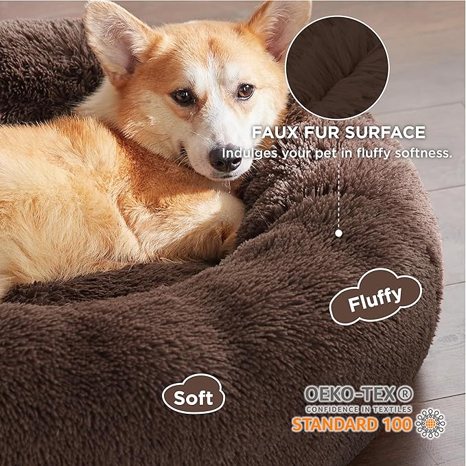 Bedsure Calming Dog Bed for Medium Large Dogs - Donut Washable Large Pet Bed, 33 inches Anti-Slip Round Fluffy Plush Faux Fur Dog Bed, Coffee