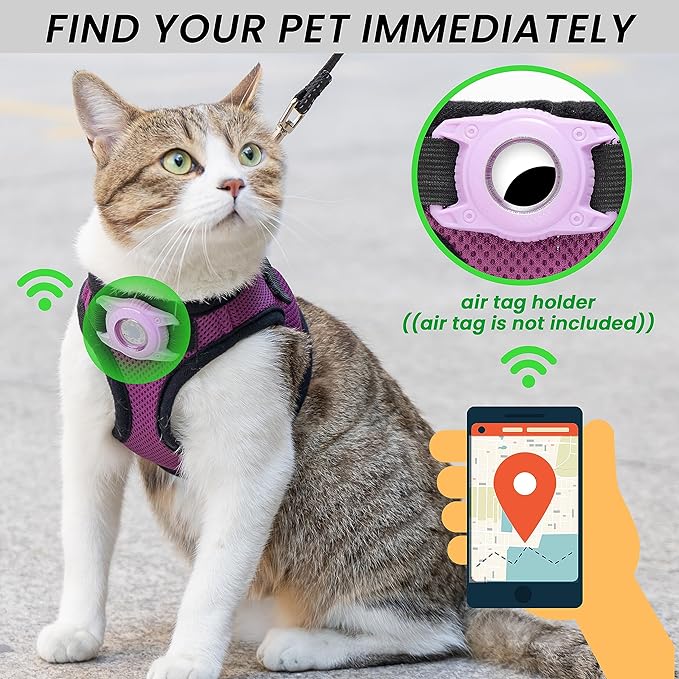 Dog Harness with Airtag Holder for Small Dogs, Puppy, Cats - No Pull Step in Small Dog Harness and Reflective Dog Leash Set for Walking Training Travel Grooming Outdoor