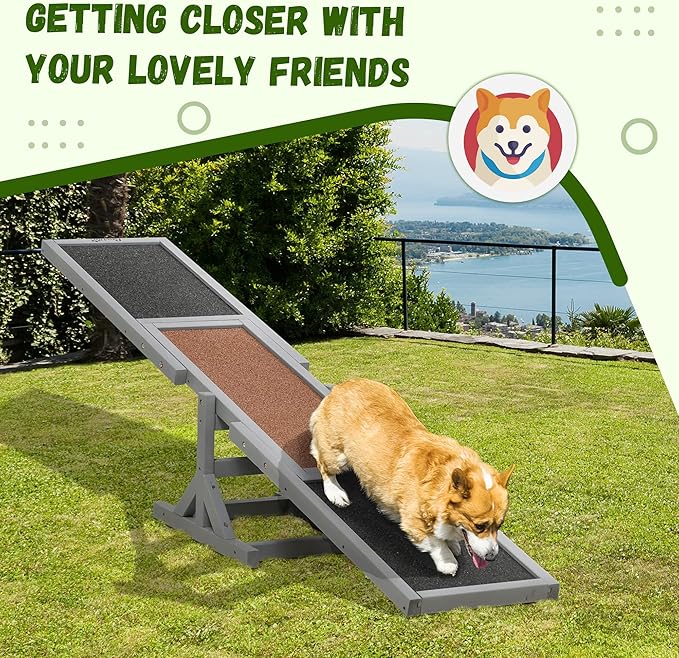Wooden Dog Agility Seesaw for Training and Exercise Platform Equipment Run Game Toy Weather Resistant Pet Supplies 71" L x 12" W x 12" H,Gray