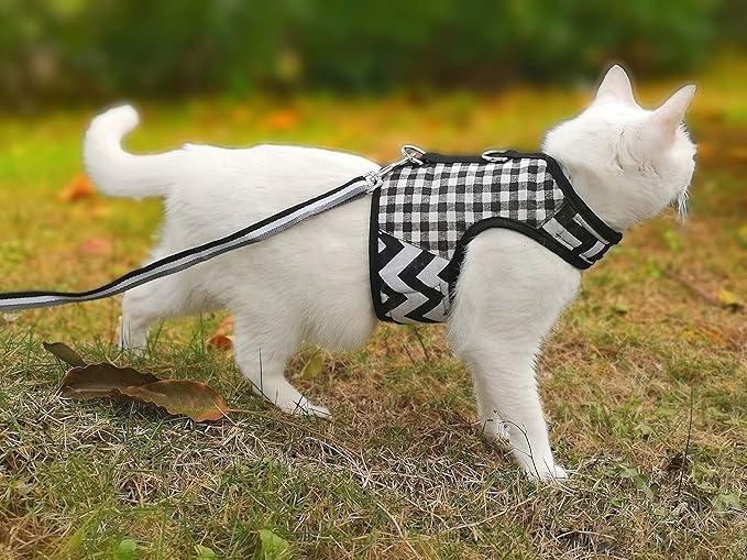 Cat Harness and Leash for Walking Escape Proof, Adjustable Cat Vest Harness, Padded Stylish Cat Walking Jackets, Black Plaid, Large