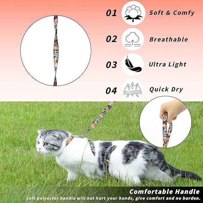 Cat Harness and Leash Set, Adjustable Kitten Harness Escape Proof Cats Harness, Soft Lightweight Walking Travel Pet Harness, Cute Kitty Harness Leash Set for Small Medium Cats, Multi-Floral