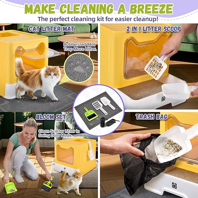 Enclosed Cat Litter Box with Lid Foldable Potty,Drawer Type Extra Large Cover Litter Box with Mat, Kitty Free in and Out/One-Way,Odor Control Anti-Splashing Easy Cleaning (Yellow)