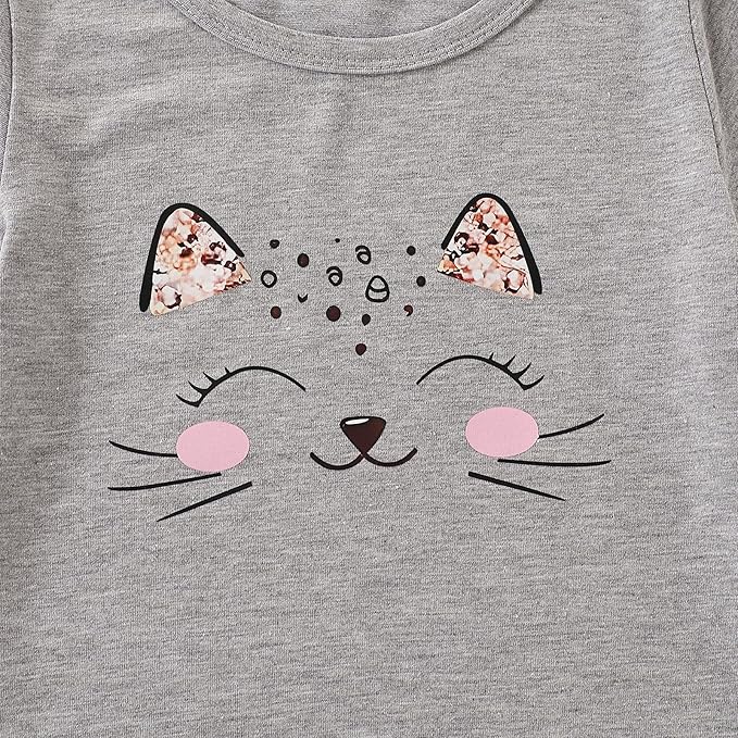 4-8T Toddler Girl Clothes Cat face print Short Sleeve Top+Pants Outfits Girl Spring and summer 2-Piece Set