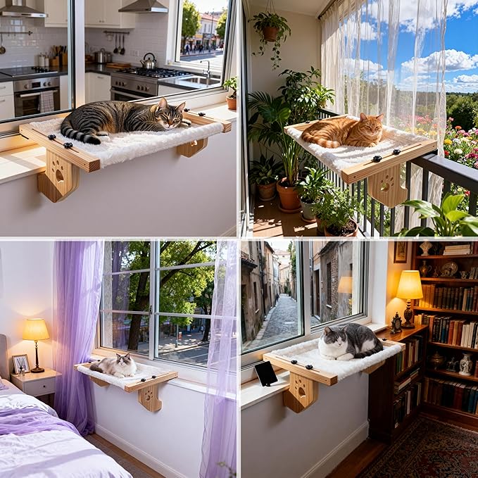 ESPETS Cat Window Sill Perch with Solid Wood & Thick Metal, Sturdy Cat Hammock Beds Window Seats with Soft Cusion Large Cats and Kittens-22.5 Inch