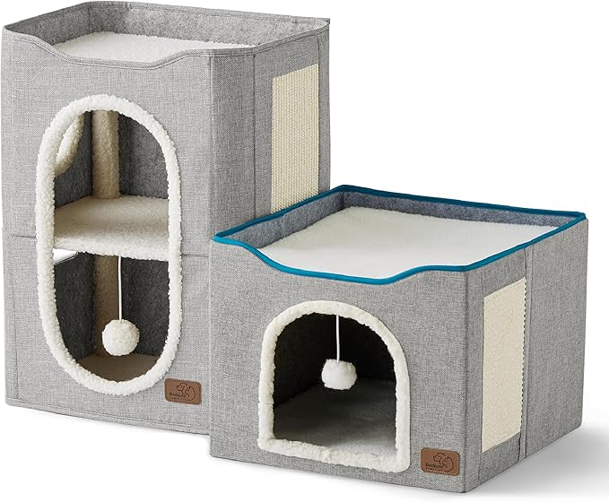 Bedsure 2 Story Cat House - Cat Condos for Indoor Cats with Scratch Pad and Fluffy Ball Hanging, Small Pet Cave Furniture Hideaway for Multi Pets, 18x14x23 inches, Grey