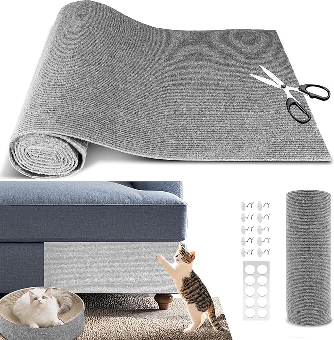 Cat Scratch Furniture Protector, 39.4"x15.8" Self Adhesive Cat Scratch Mat Pad,Cut to Fit DIY Replacement Carpet for Tree,Wall,Bed,Door, Couch Protector (Light Grey)