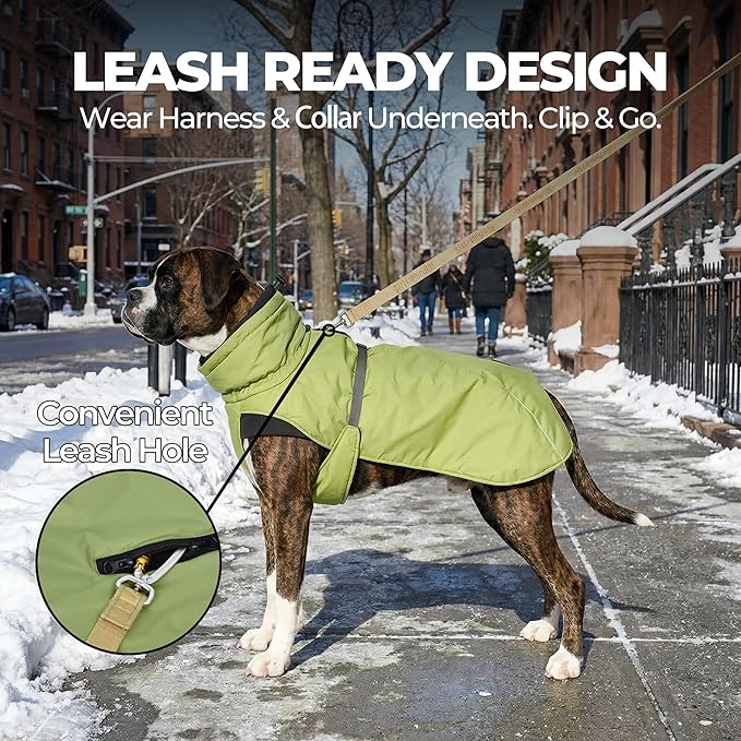 Dog Winter Coat, Warm Puffer Jacket with Fur-Safe Buckle & Leash Hole for Cold Weather, Water-Repellent Snow Vest, Breathable Thermal Apparel for Hiking & Active Dogs (Green, Small)
