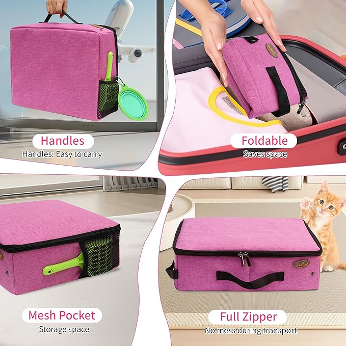 Deblue Portable Cat Travel Litter Box in Car, Collapsible Cat Litter Carrier with Lid, Waterproof Foldable Litter Box for Outdoor Fit for Large Cats, Leak-Proof, Sturdy, Lightweight-Pink
