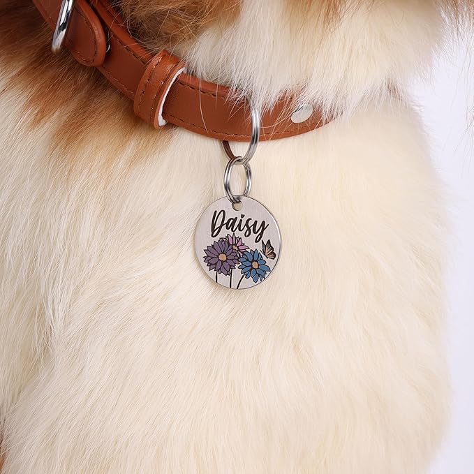 Colorful Dog Tags Personalized, Engraved Dog Tags with Colored Printing for Pets, Dog Name tag with deep Engraving, Custom pet ID Tags, Customizable cat Collar Holder tag (Daisy)
