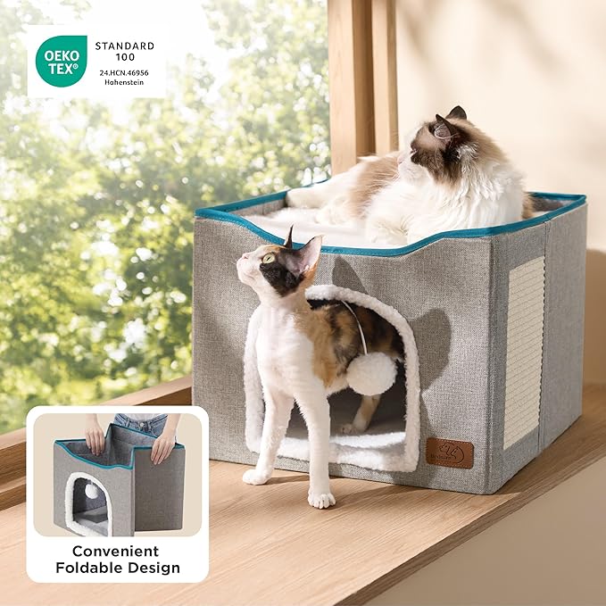 Bedsure Cat Beds for Indoor Cats - Large Cat Cave for Pet Cat House with Fluffy Ball Hanging and Scratch Pad, Foldable Cat Hideaway, 16.5x16.5x13 inches, Dark Grey