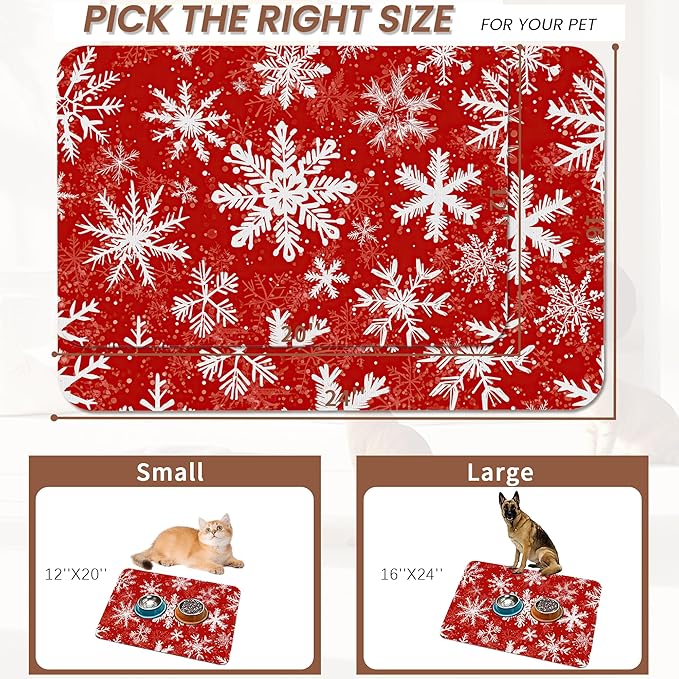 Christmas Dog Food Mat for Floors,Snowflake Absorbent Pet Food and Water Bowl Mats,Non-Slip Pet Feeding Mat,Pet Supplies 16" x 24"