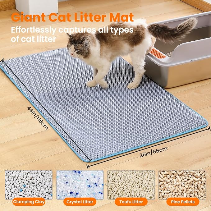 Jumbo Cat Litter Mat, 46x26 Inches Double Layer Honeycomb Litter Trapping Mat, Non Slip Waterproof Urine Proof Extra Large Cat Litter Box Mat, Kitten Supplies and Essentials, XXL, Blue
