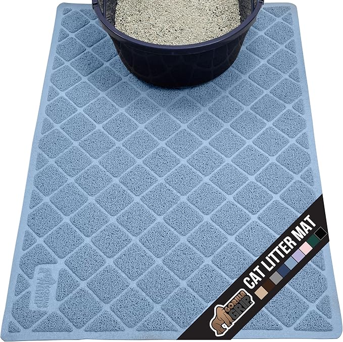 GORILLA GRIP Cat Litter Box Mat, 47x35, Water Resistant, US Designed Kitty Litter Trapping Mats, Easy to Clean, Scatter Control, Less Mess and Clean Floors, Kitten Supplies for Indoor Cats, Light Blue