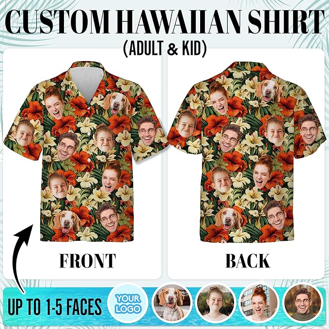 Custom Hawaiian Shirt with Face for Men Women Youth Kid, Personalized Hawaiian Shirts with Face Logo Photo Picture