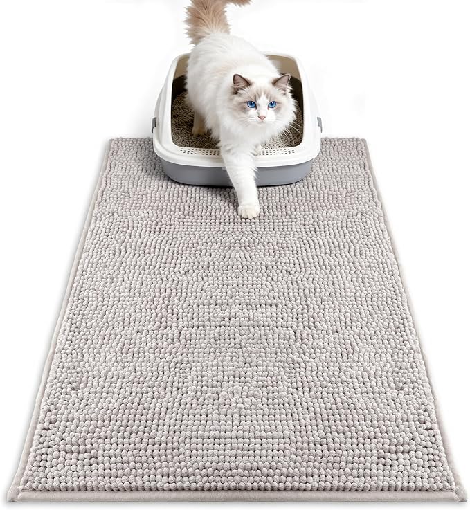Pieviev Chenille Cat Litter Mat for Litter Box, 28"x22" Soft Ultra Absorbent Mat, Waterproof & Non-Slip, Easy to Clean Litter Trapping Mat for Indoor Cats, Gray
