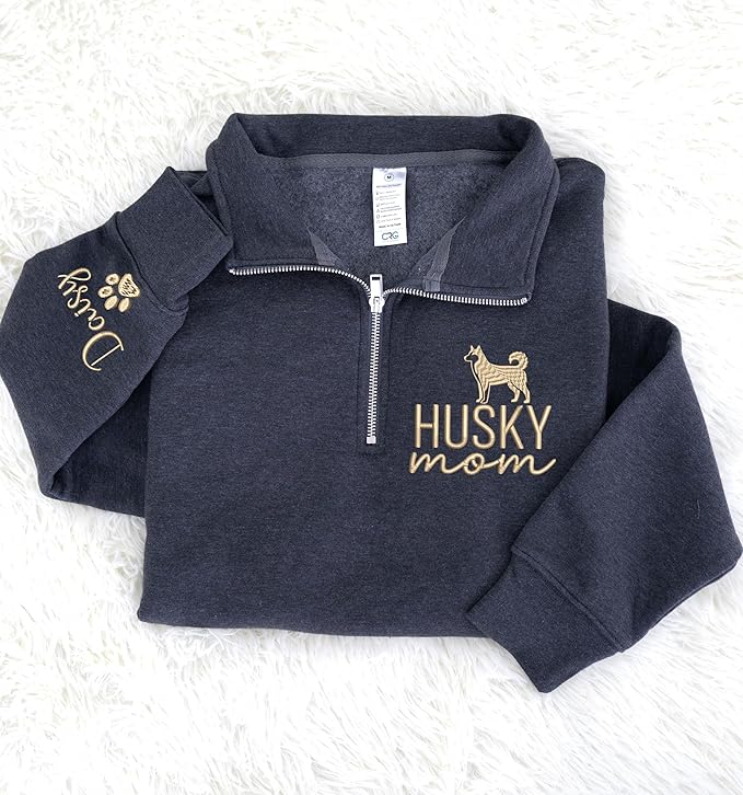 Personalized Husky Quarter Zip Sweatshirt – Custom Husky Dog Mom Hoodie – Embroidered Pet Lover Shirt – Dog Owner Gift